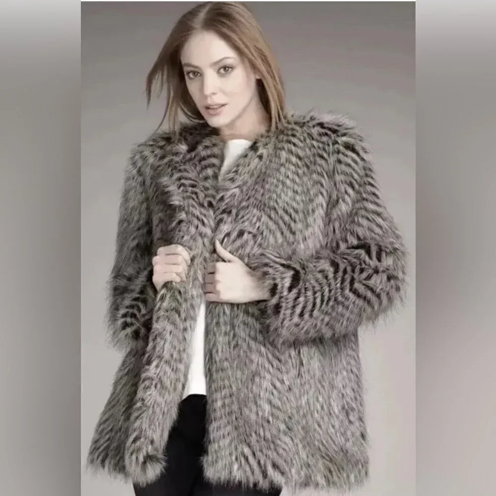 Marc by Marc Jacobs Rickie Raccoon Womens Small Faux Fur Coat‎ Button Up $698